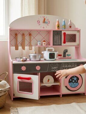 Large Wooden Play Kitchen Set, Pink Montessori Pretend Cooking Toy